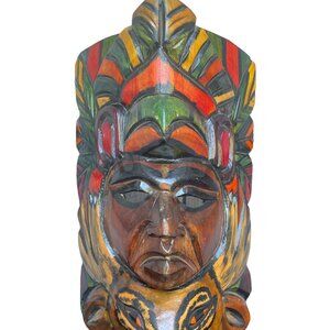 Warrior Chief Totem Mayan Aztec Face Mask Hand Carved Wooden Painted